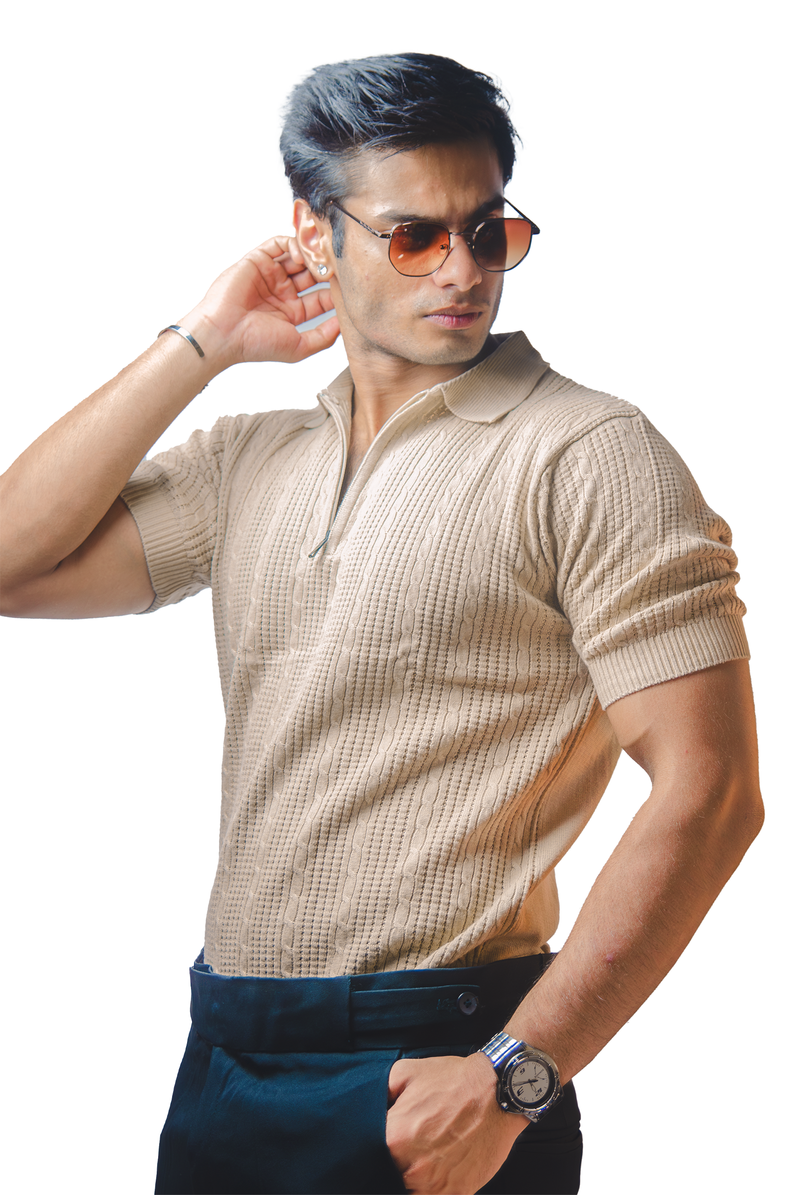 Beige Knitted Polo T-Shirt