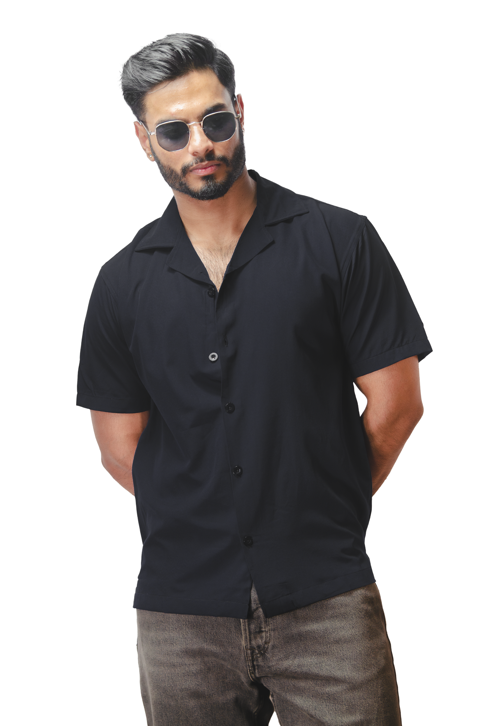 Cuban Collar Black Shirt