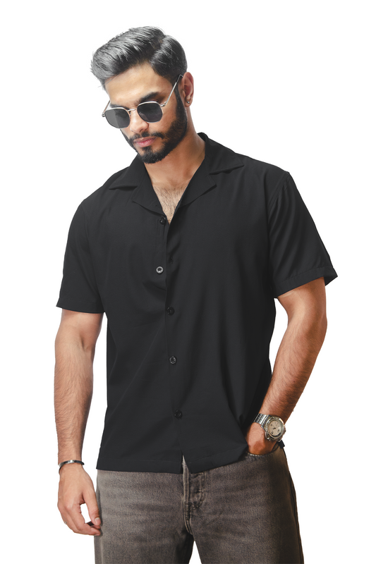 Cuban Collar Black Shirt
