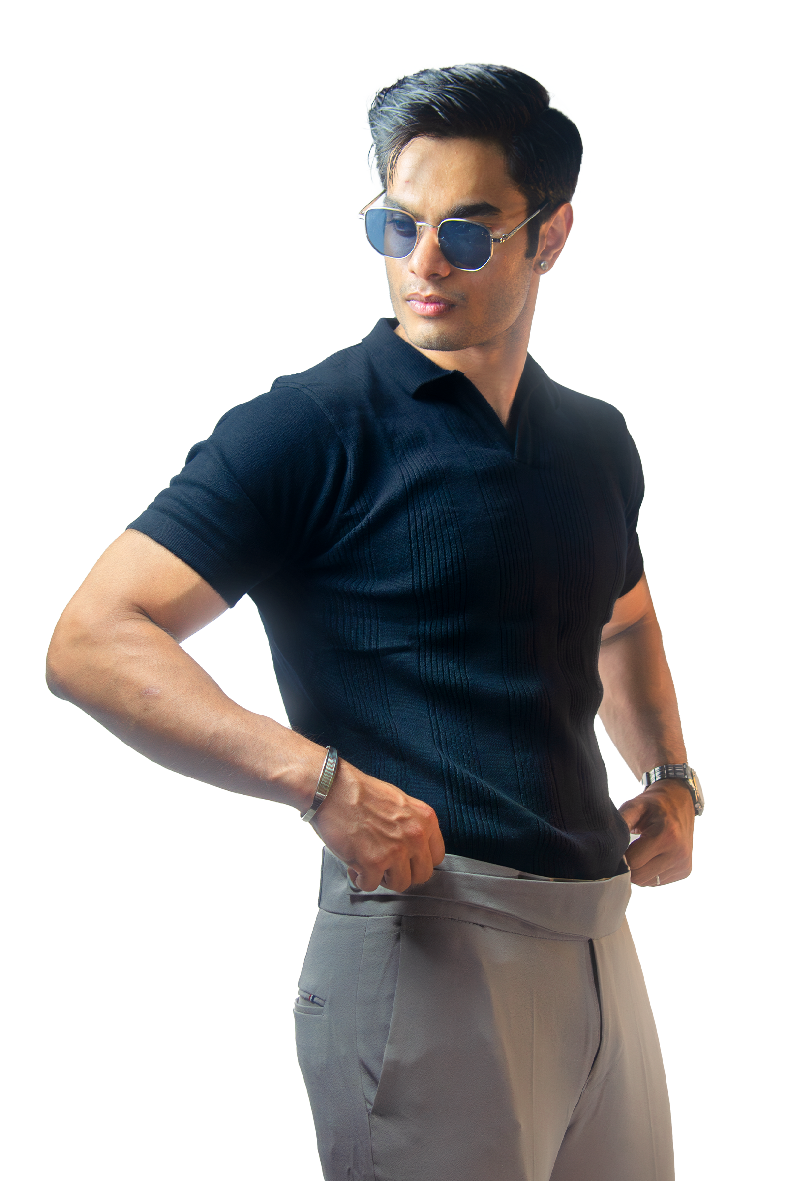 Black Open Collar Knitted Polo T-Shirt