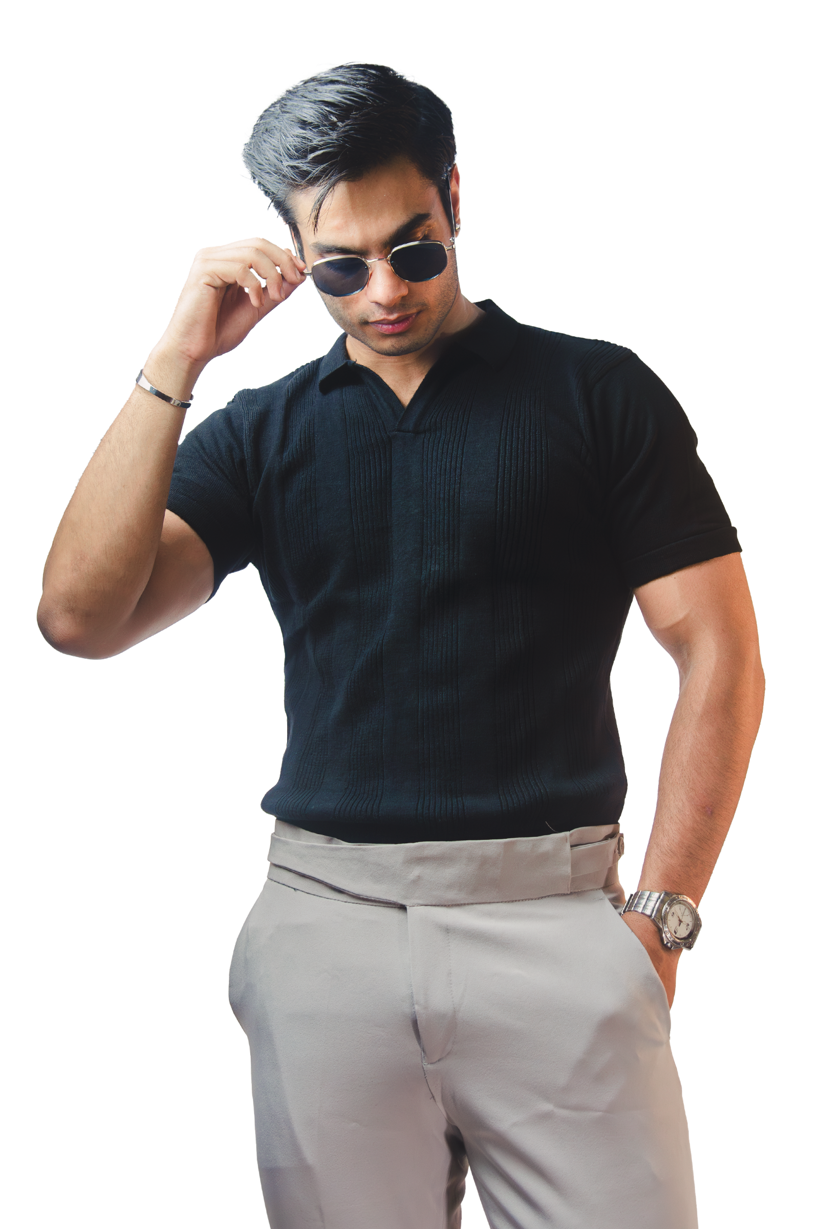 Black Open Collar Knitted Polo T-Shirt
