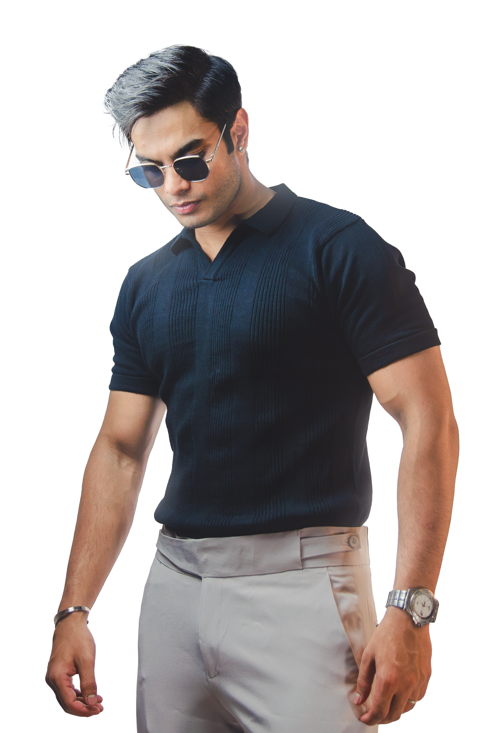 Black Open Collar Knitted Polo T-Shirt