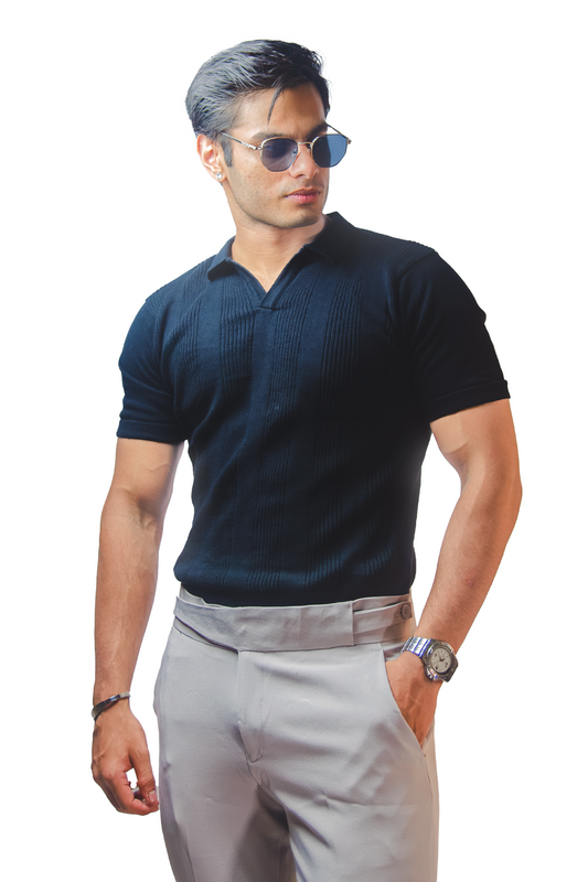 Black Open Collar Knitted Polo T-Shirt