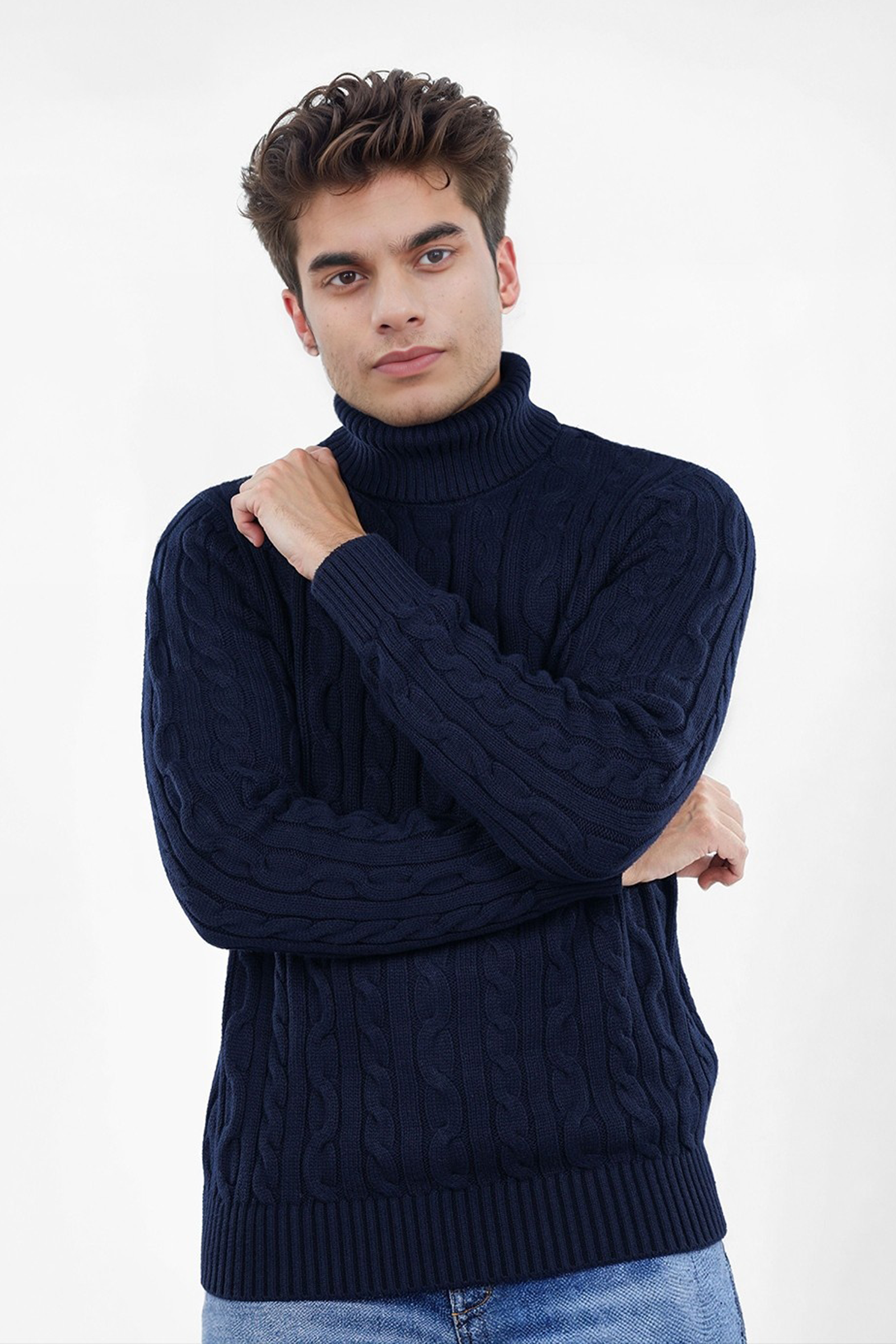 Navy Turtle Neck Cable Knit Pullover