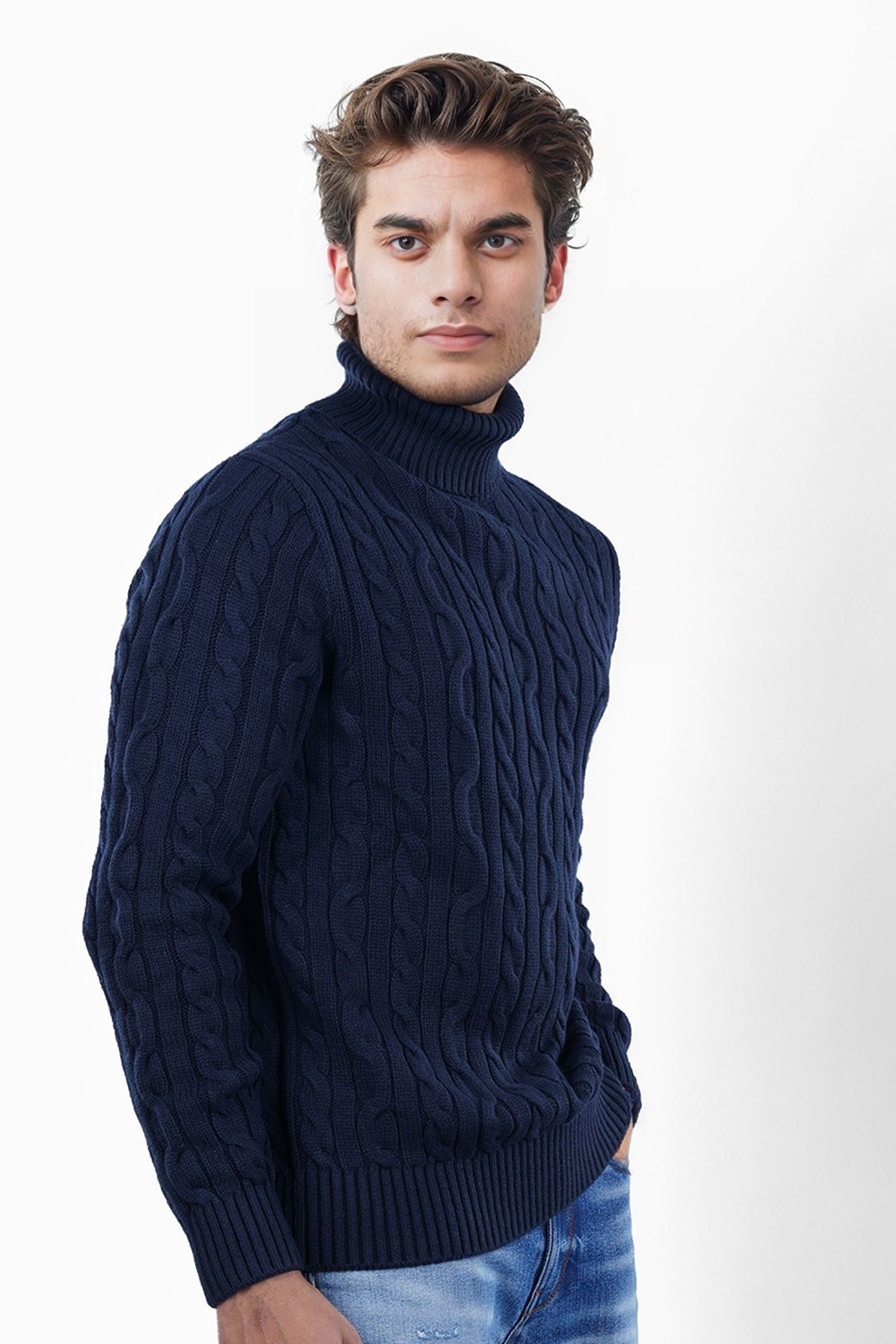 Navy Turtle Neck Cable Knit Pullover