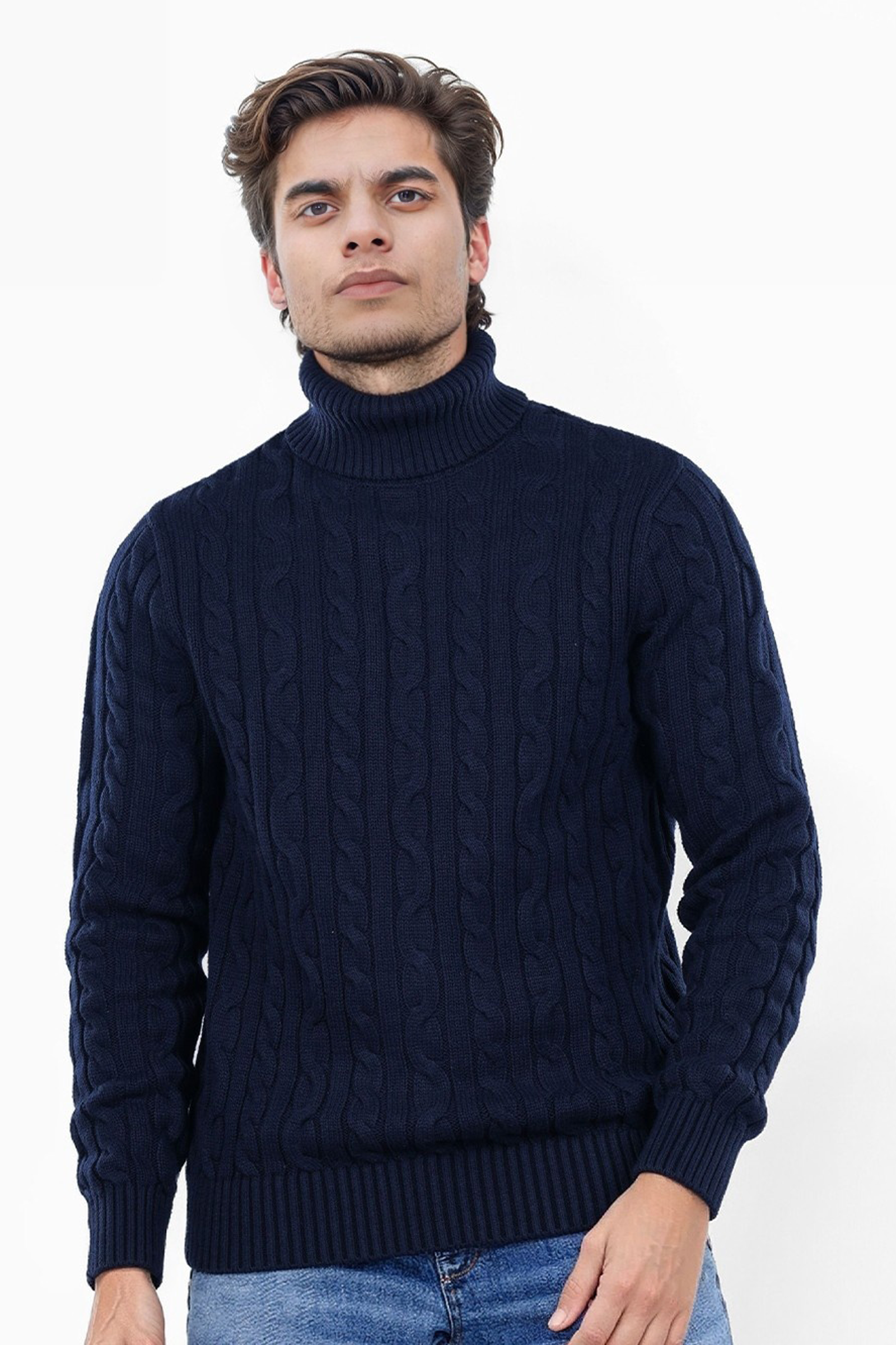 Navy Turtle Neck Cable Knit Pullover
