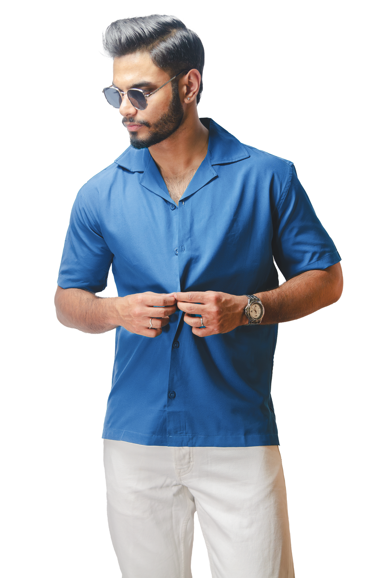 Cuban Collar Blue Shirt