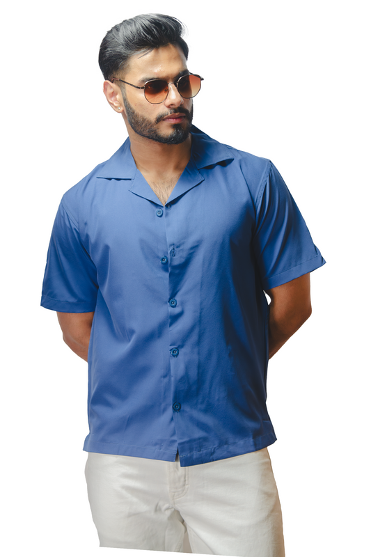 Cuban Collar Blue Shirt