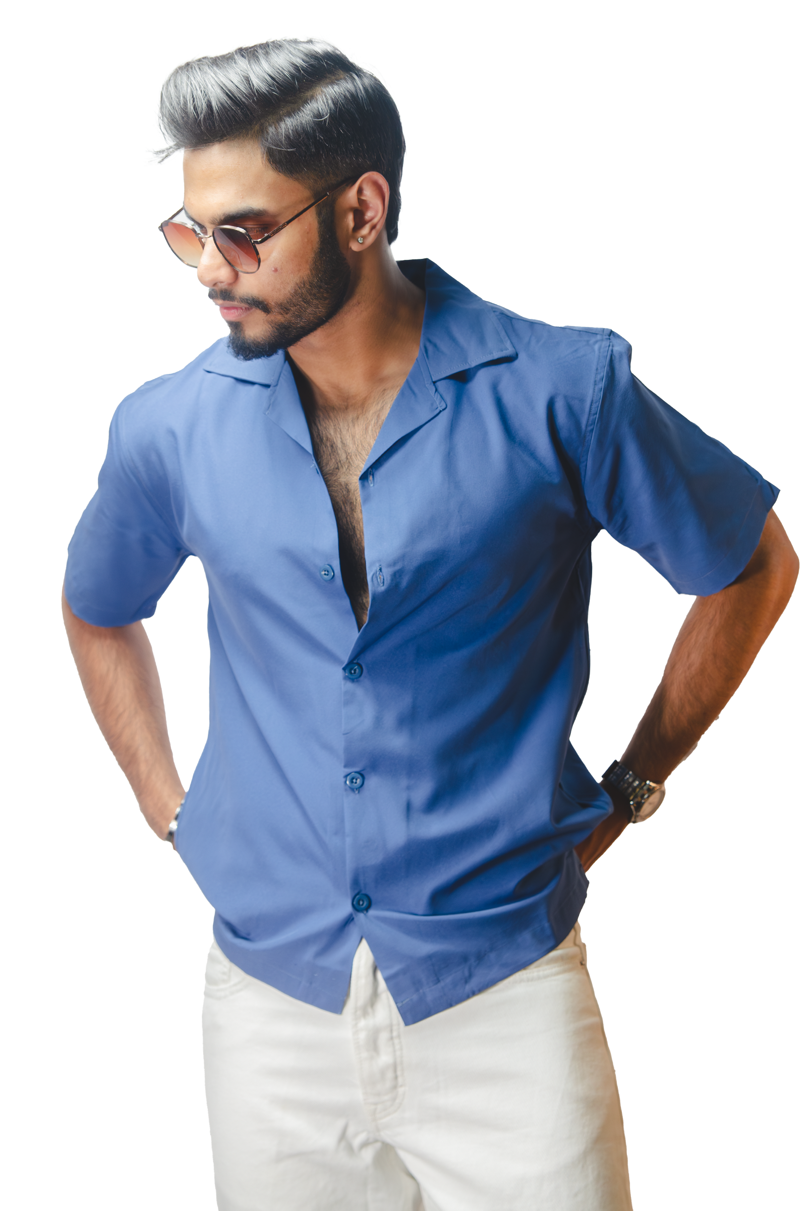 Cuban Collar Blue Shirt