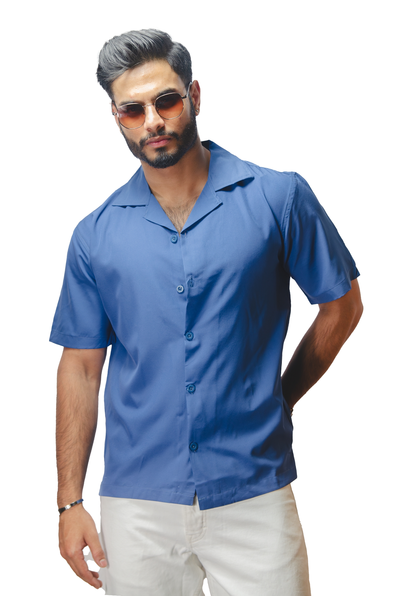 Cuban Collar Blue Shirt