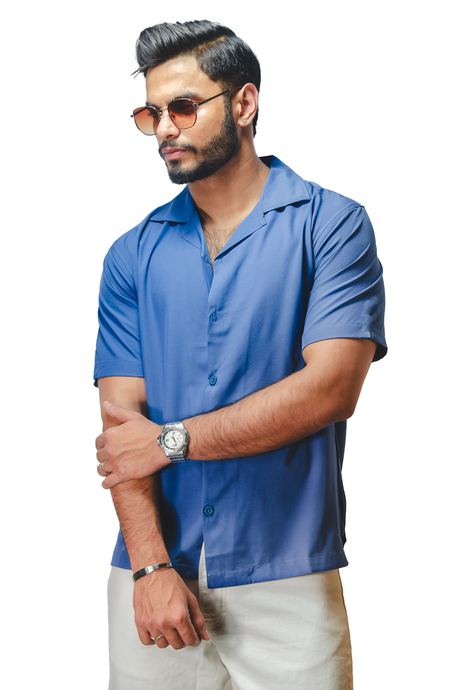 Cuban Collar Blue Shirt