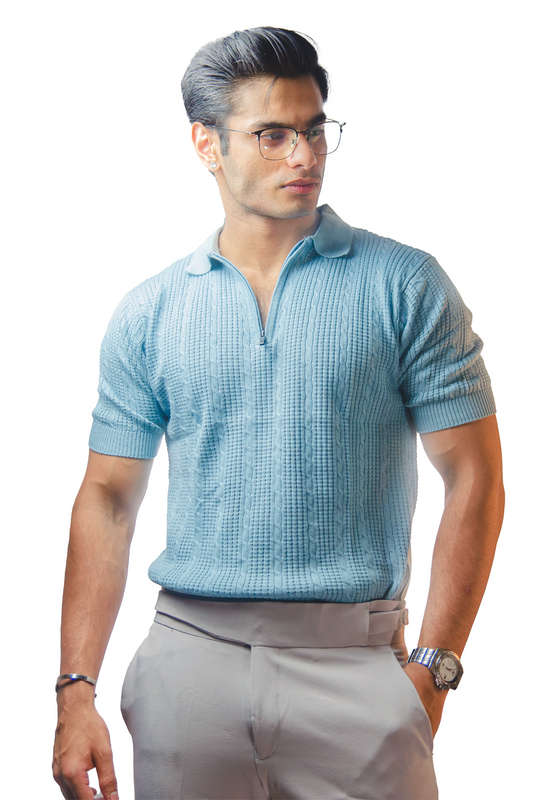 Ice blue Knitted Polo T-Shirt