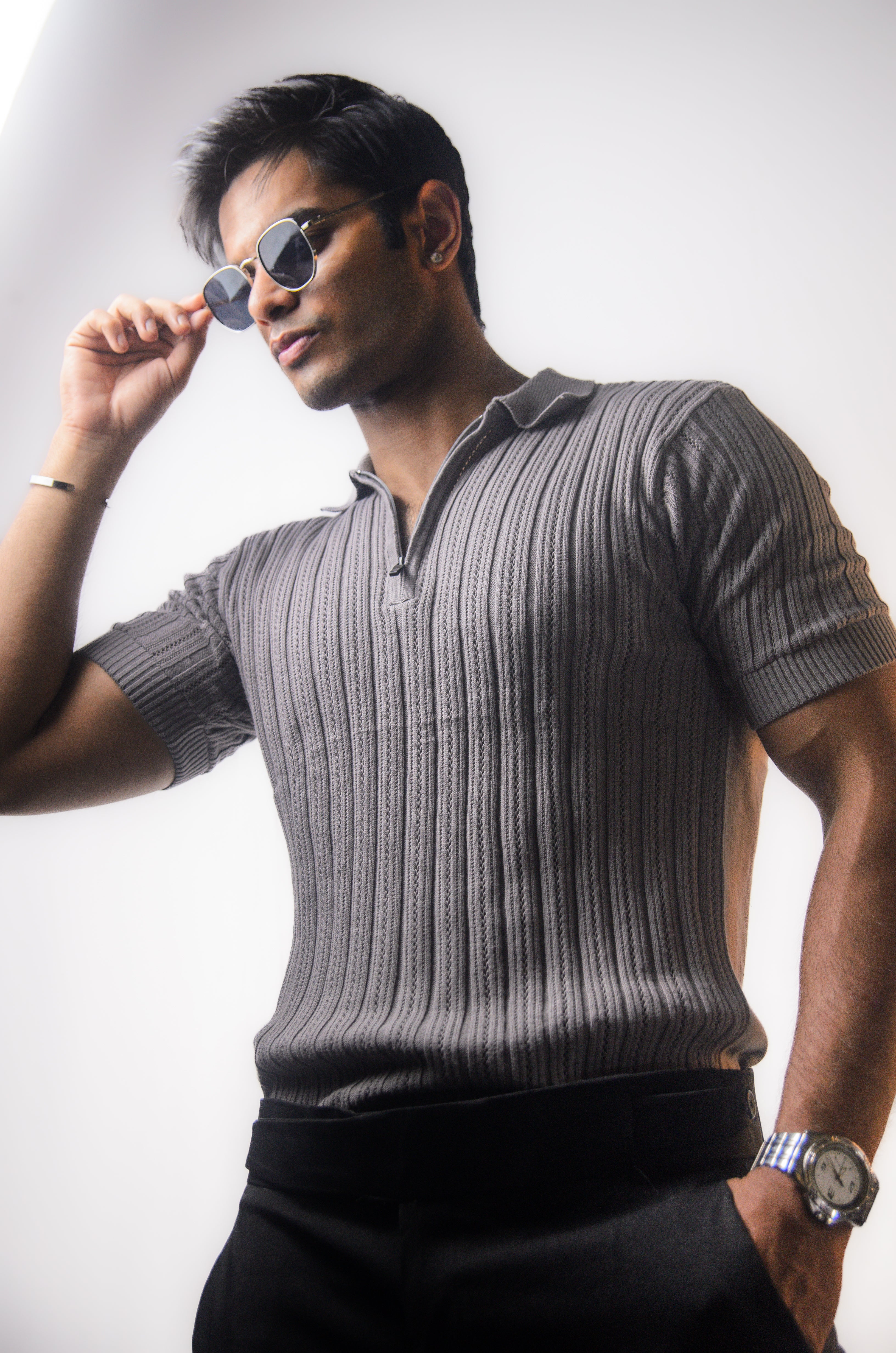 Grey Knitted Polo T-shirt
