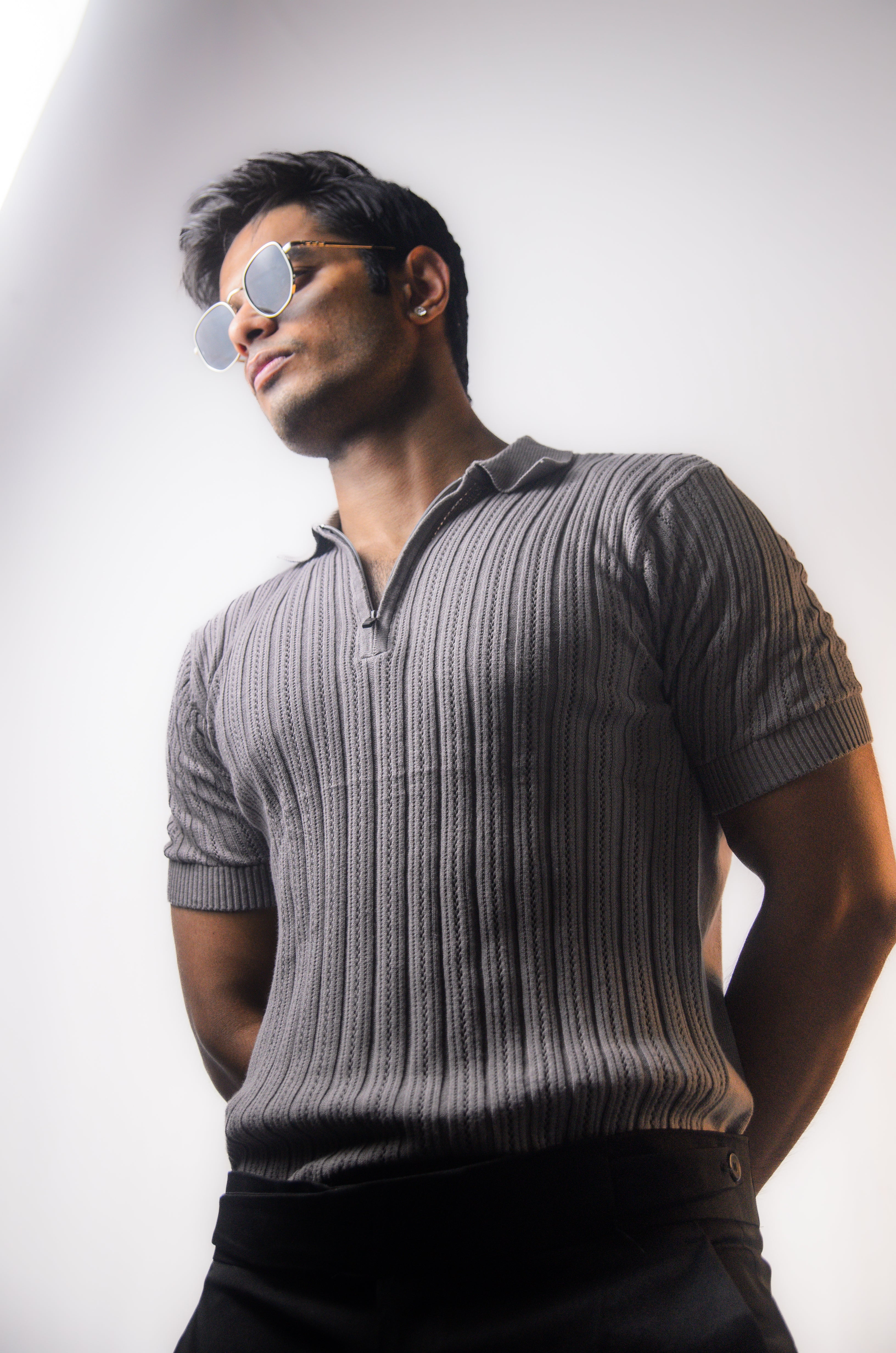 Grey Knitted Polo T-shirt