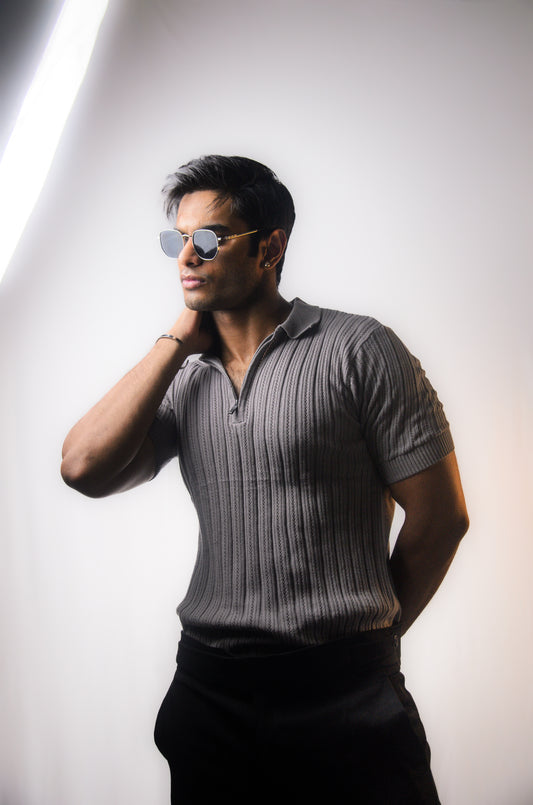 Grey Knitted Polo T-shirt