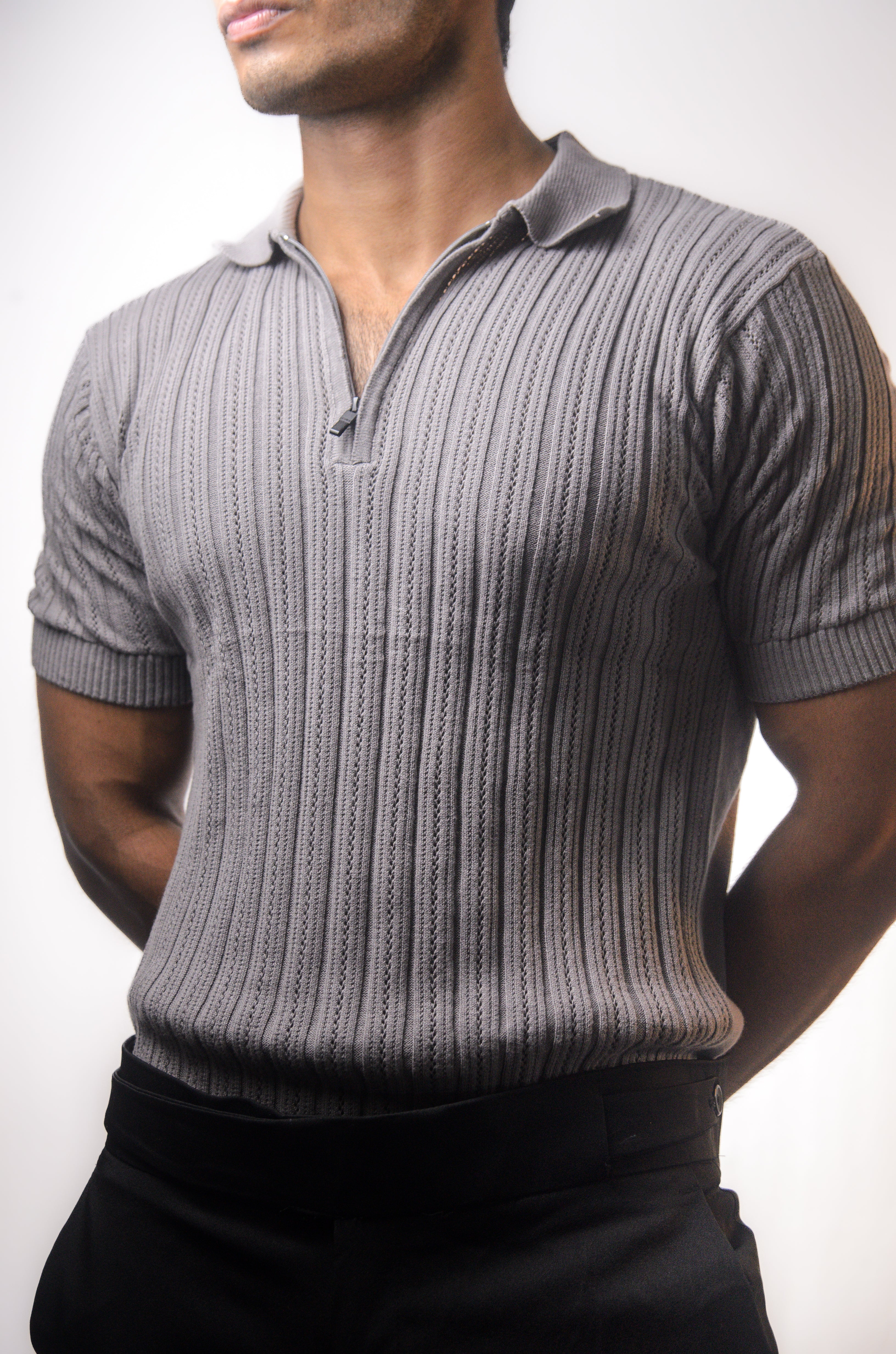 Grey Knitted Polo T-shirt