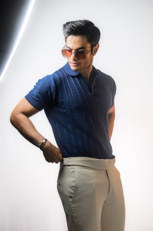 Navy Knitted Polo T-Shirt