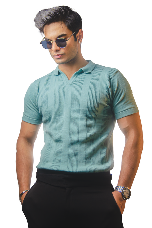 Spanish Green Open Collar Knitted Polo T-Shirt