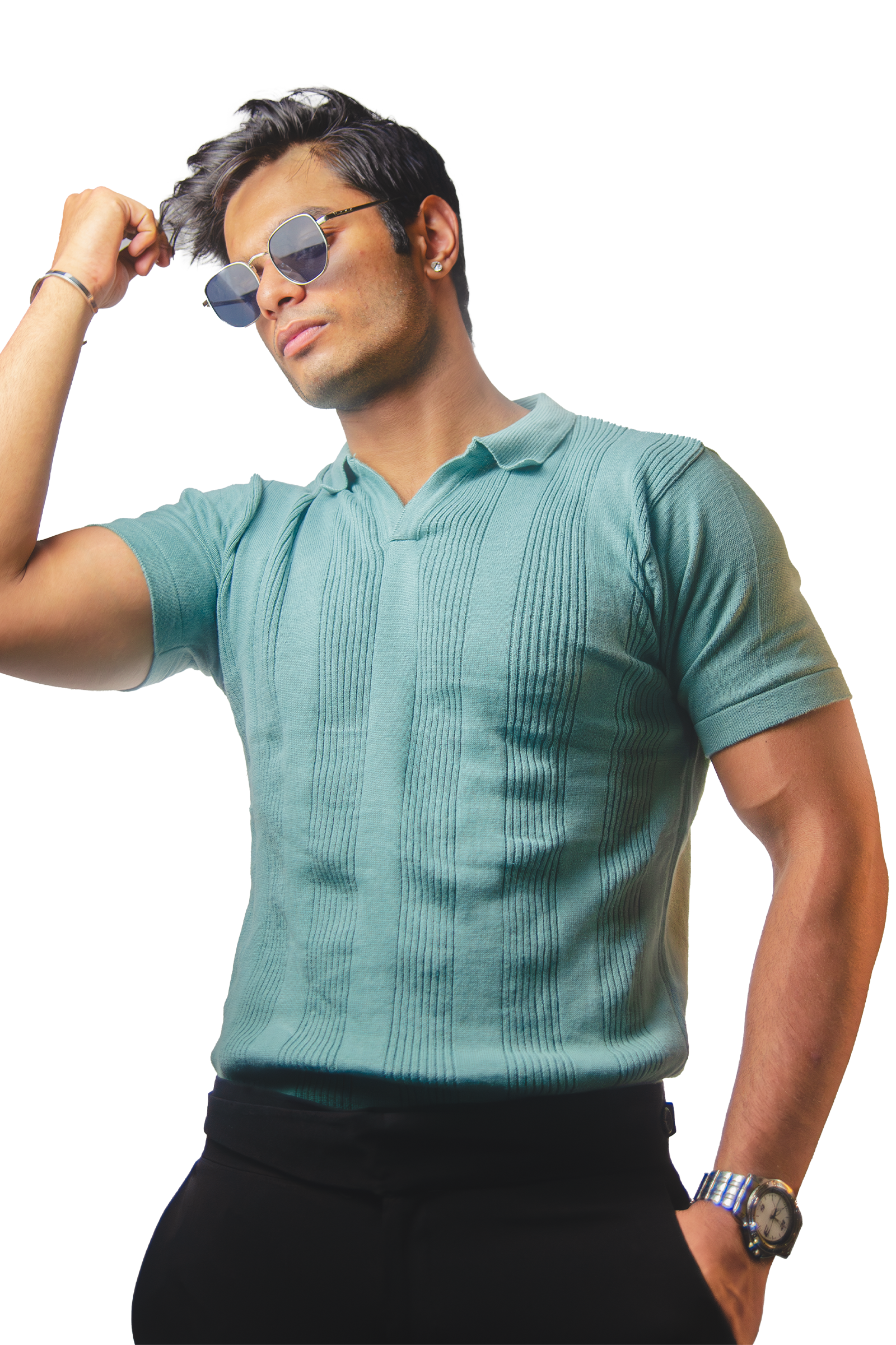 Spanish Green Open Collar Knitted Polo T-Shirt