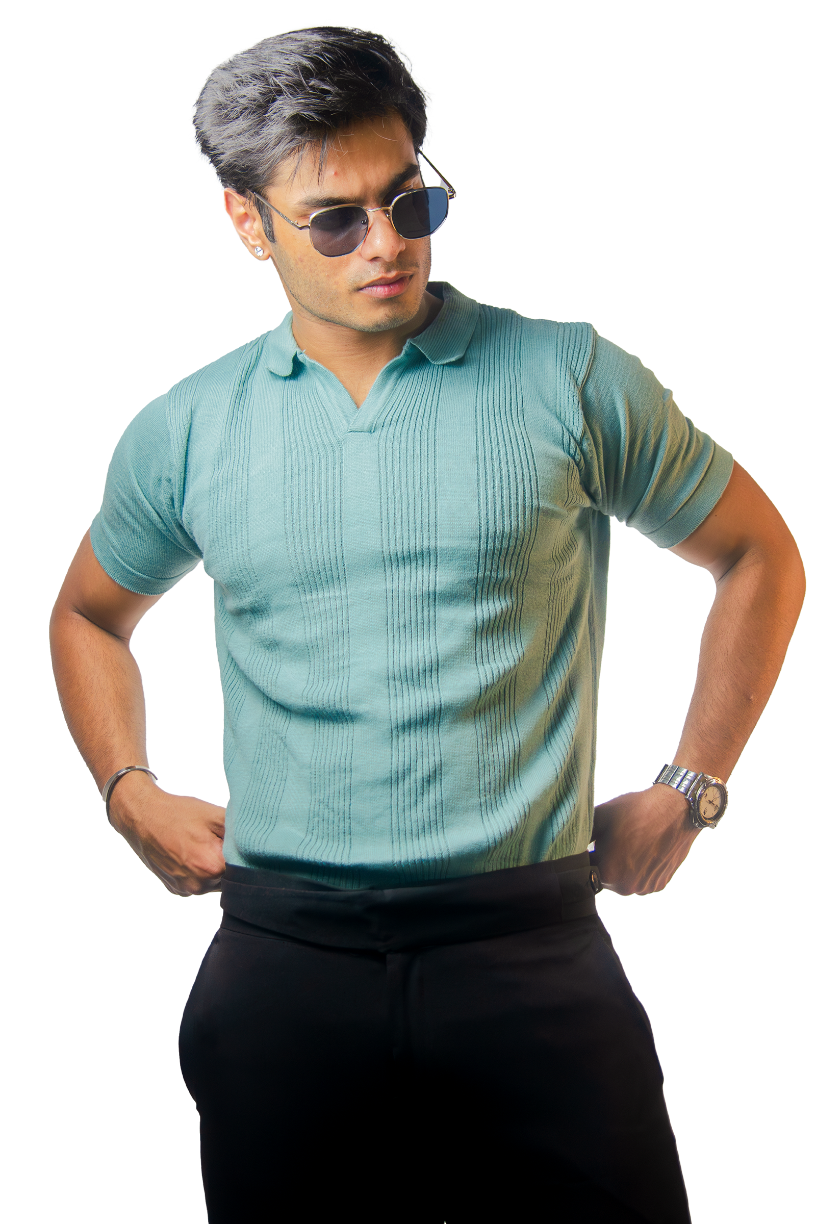 Spanish Green Open Collar Knitted Polo T-Shirt