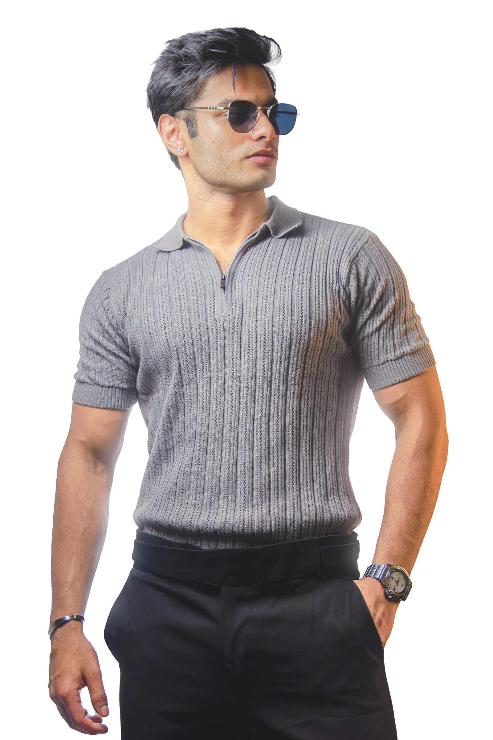 Grey Knitted Polo T-shirt