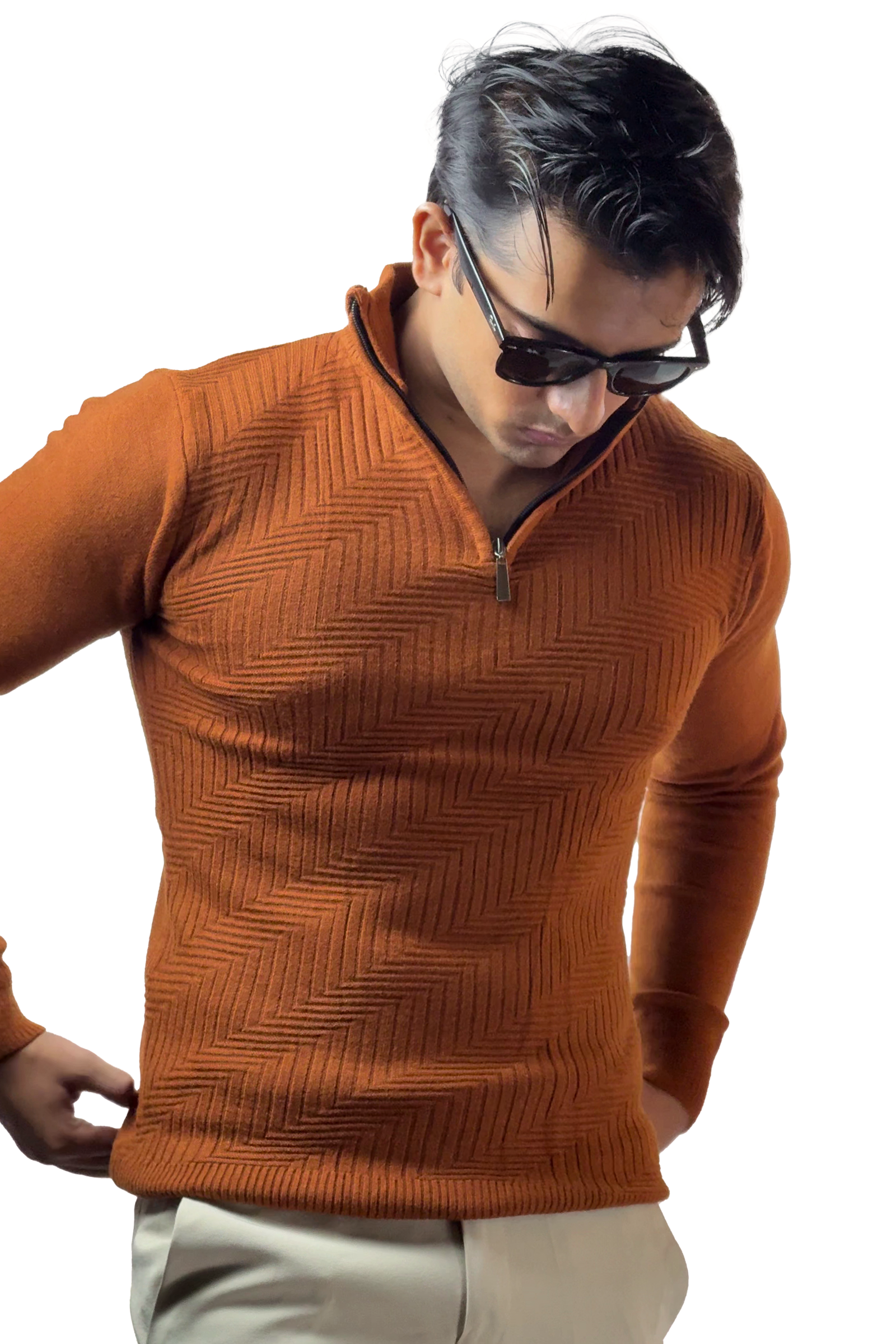 Brown Knitted Quaterzip Sweater