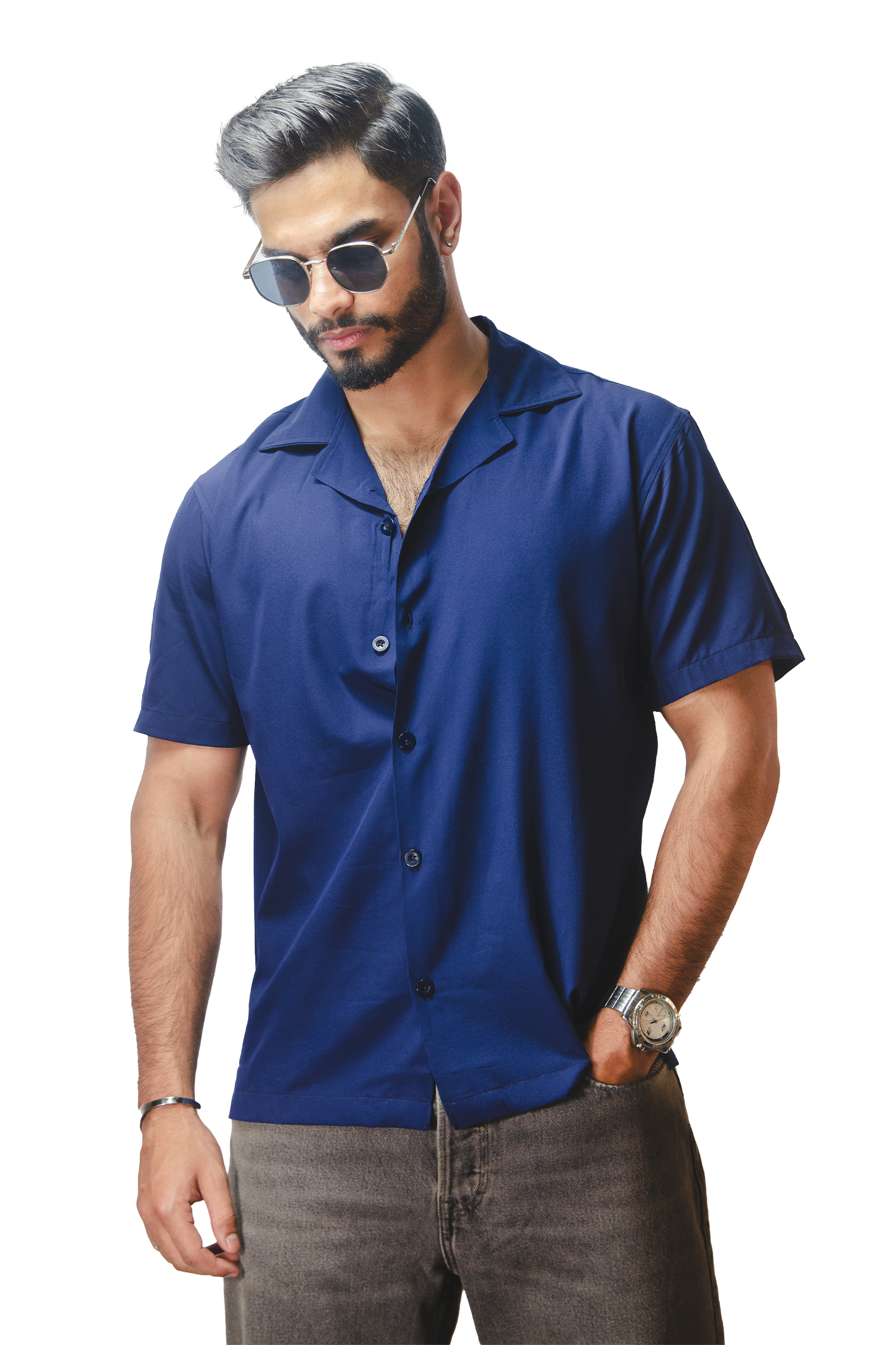 Cuban Collar Navy Shirt