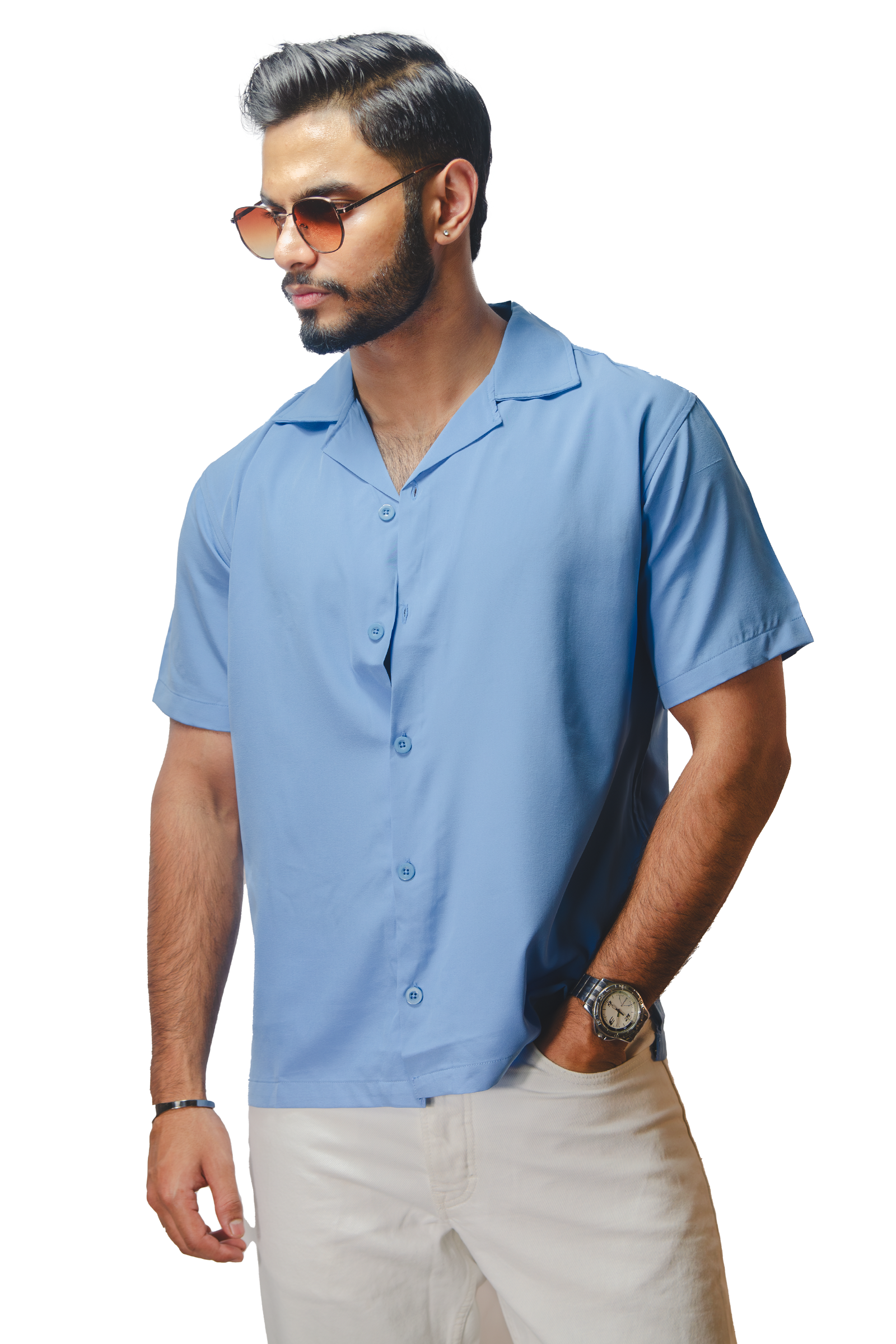 Cuban Collar Light Blue Shirt