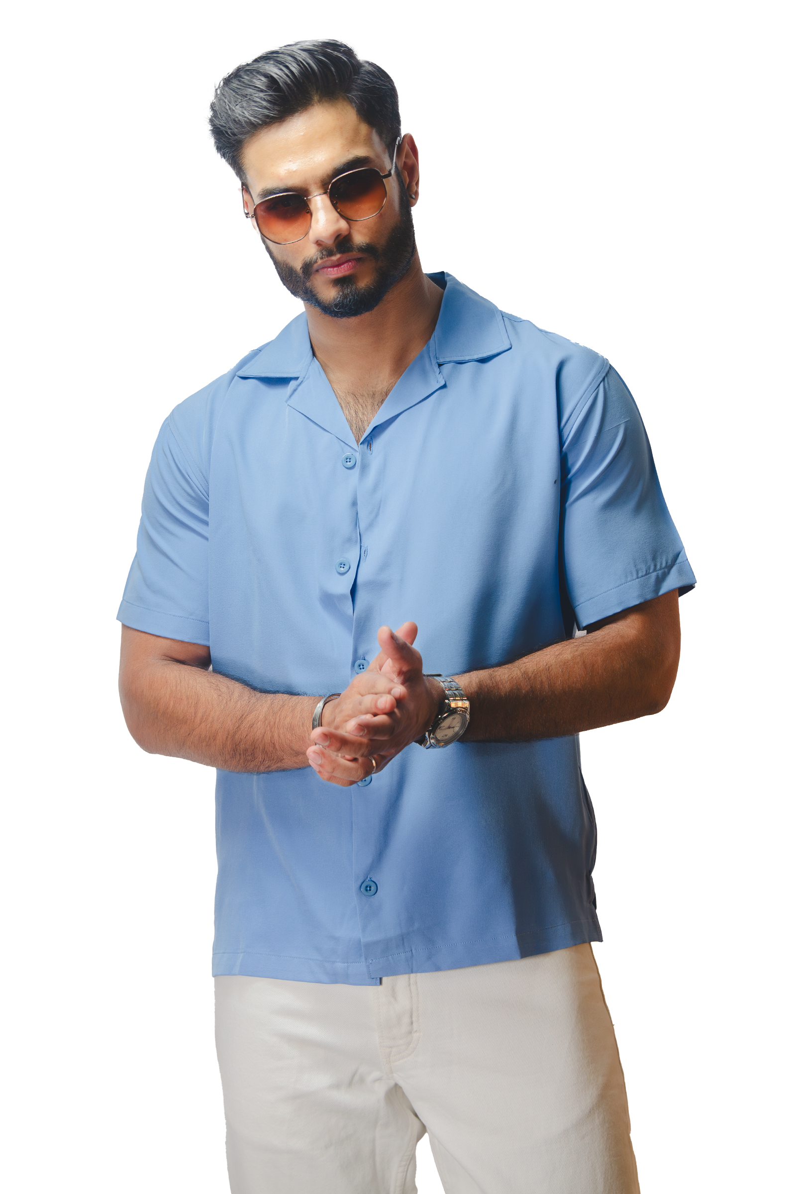 Cuban Collar Light Blue Shirt