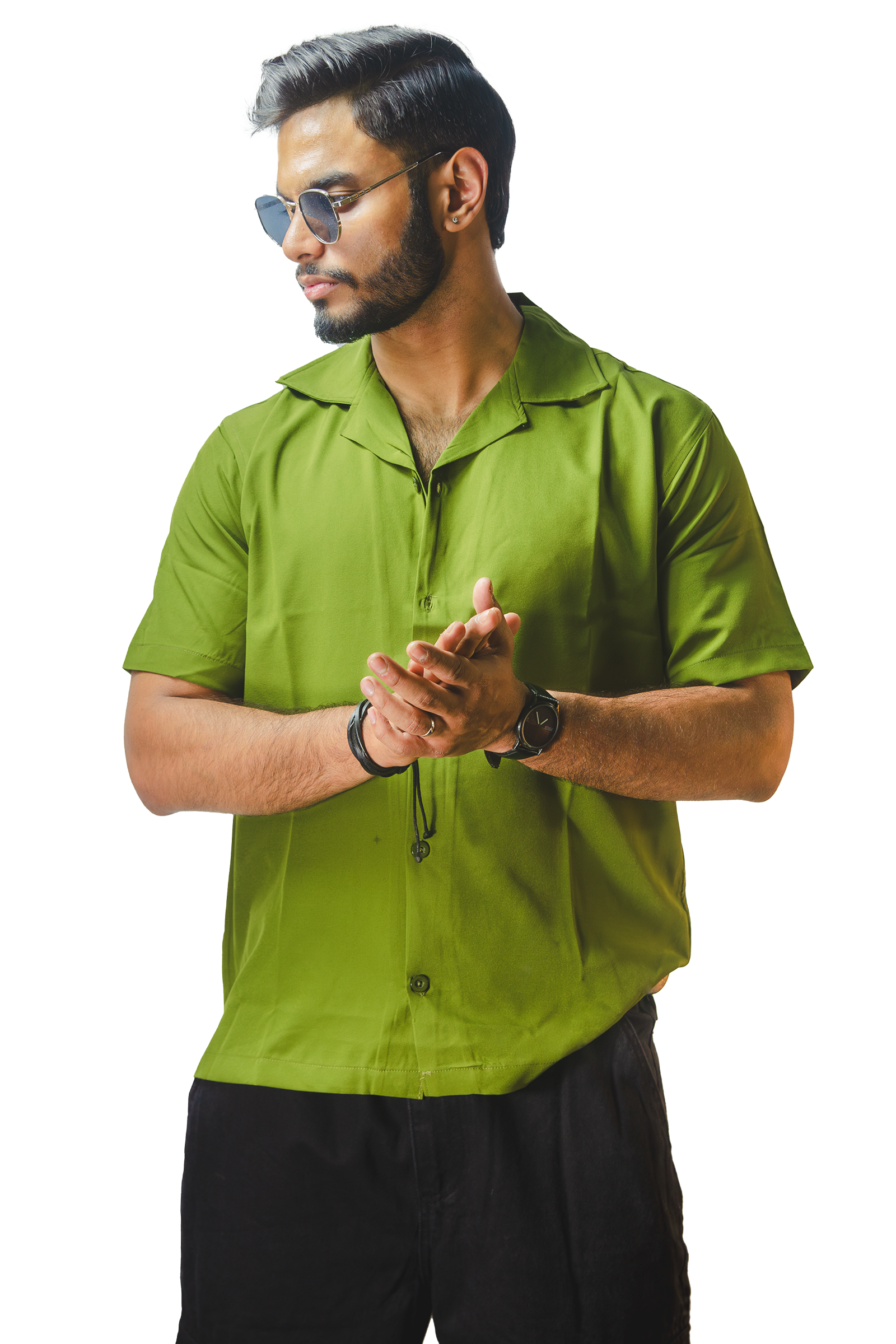 Cuban Collar Green Shirt
