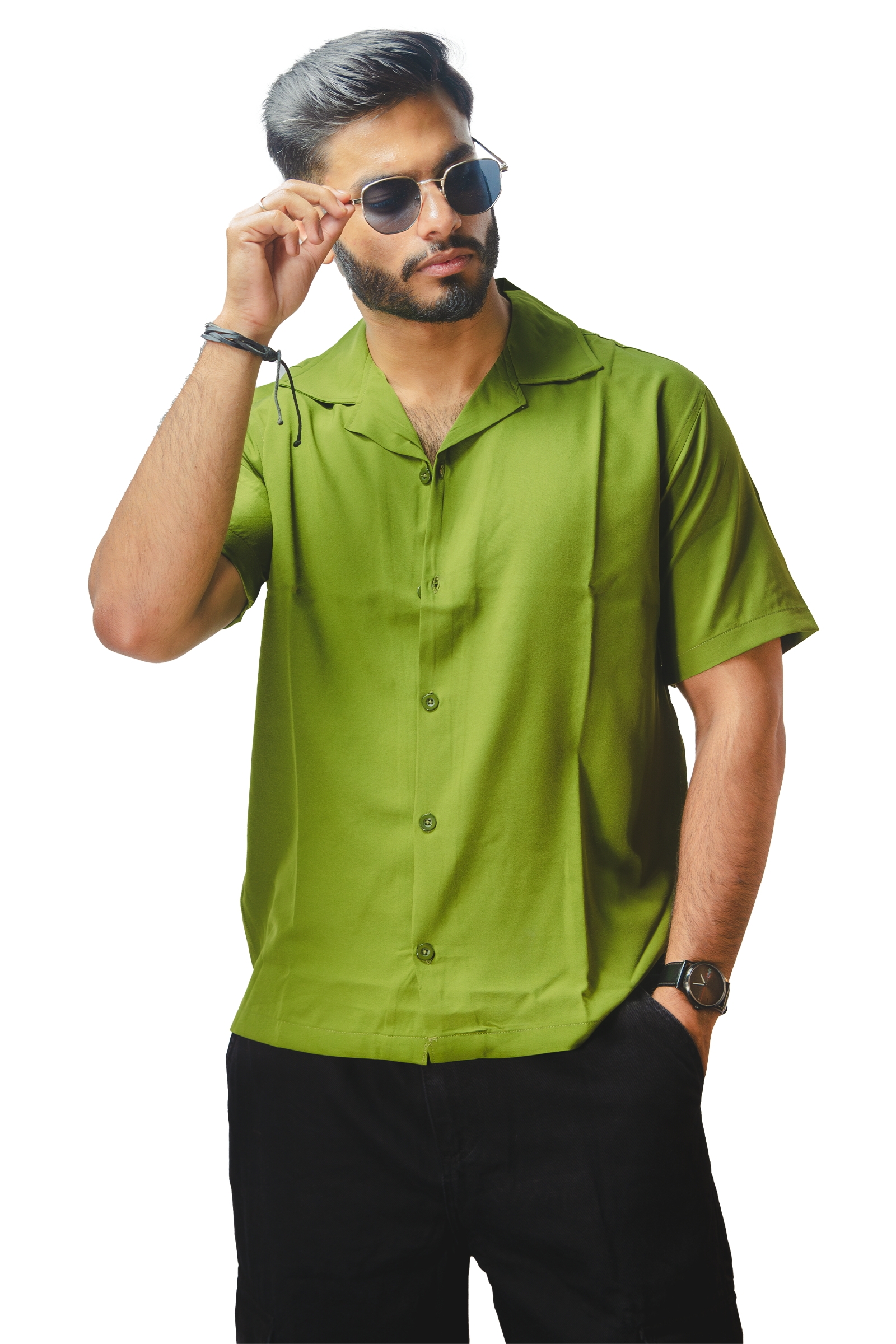 Cuban Collar Green Shirt